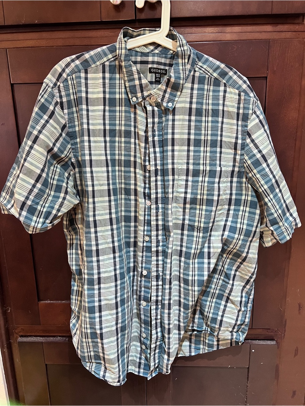 George Plaid Short-Sleeve Button-Down Shirt in Blue and Tan